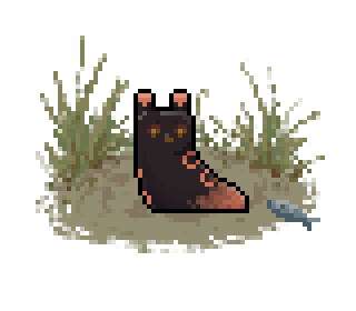 Pixel art of a black slugpup sitting upright with orange ears, orange spots on its back & an orange tail.